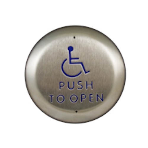 10PBR451 – Stainless Steel Push Plate, 4.5″ Round, Blue Handicap Logo And Text (List 54.00)