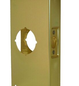 1-PB-CW – Wrap Around Plate, 22 Gauge Steel, 4 In. X 9 In., 2-1/8 In. Hole For Cylindrical Lock, For 1-3/8 In. Door With 2-3/8 In. Backset, Bright Brass (List 28.35)