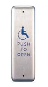 10PBJ1 – Stainless Steel Push Plate, 1.5″ By 4.75″, In Jamb Plate, Blue Handicap Logo And Text (List 55.00)